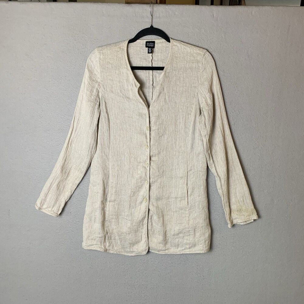 Eileen Fisher Crinkle Jacket M Beige Quiet Luxury Lagenlook Linen Blend READ